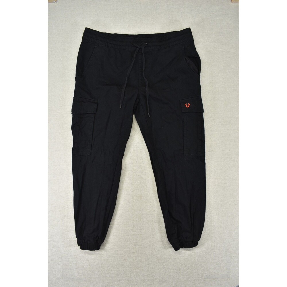 True Religion Mens Large Black Horseshoe Logo Cargo Jogger Pants Drawstring